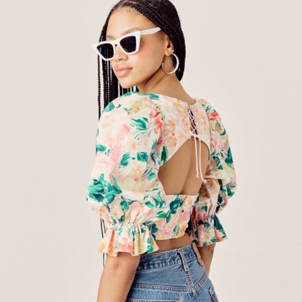 For Love & Lemons Holis Lace Up Crop Top Floral Puff Sleeves Sweetheart And XS
